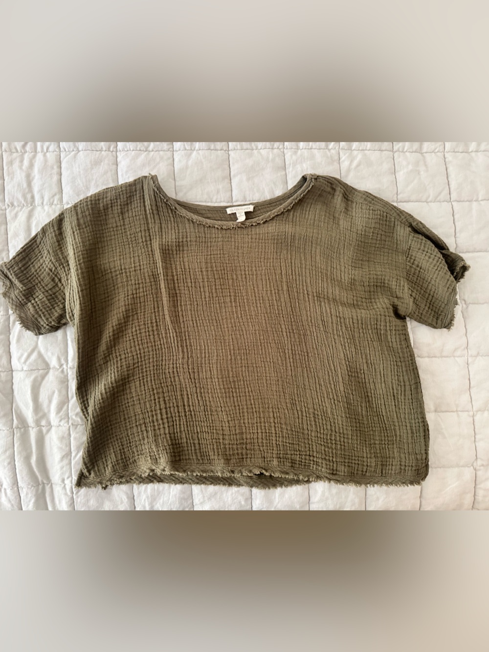 Eileen Fisher Organic Cotton Gauze Olive Boxy Top S/P